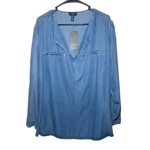 NWT Jones New York Signature Blouse Womens 3X Blue Light Wash Split Neck Top